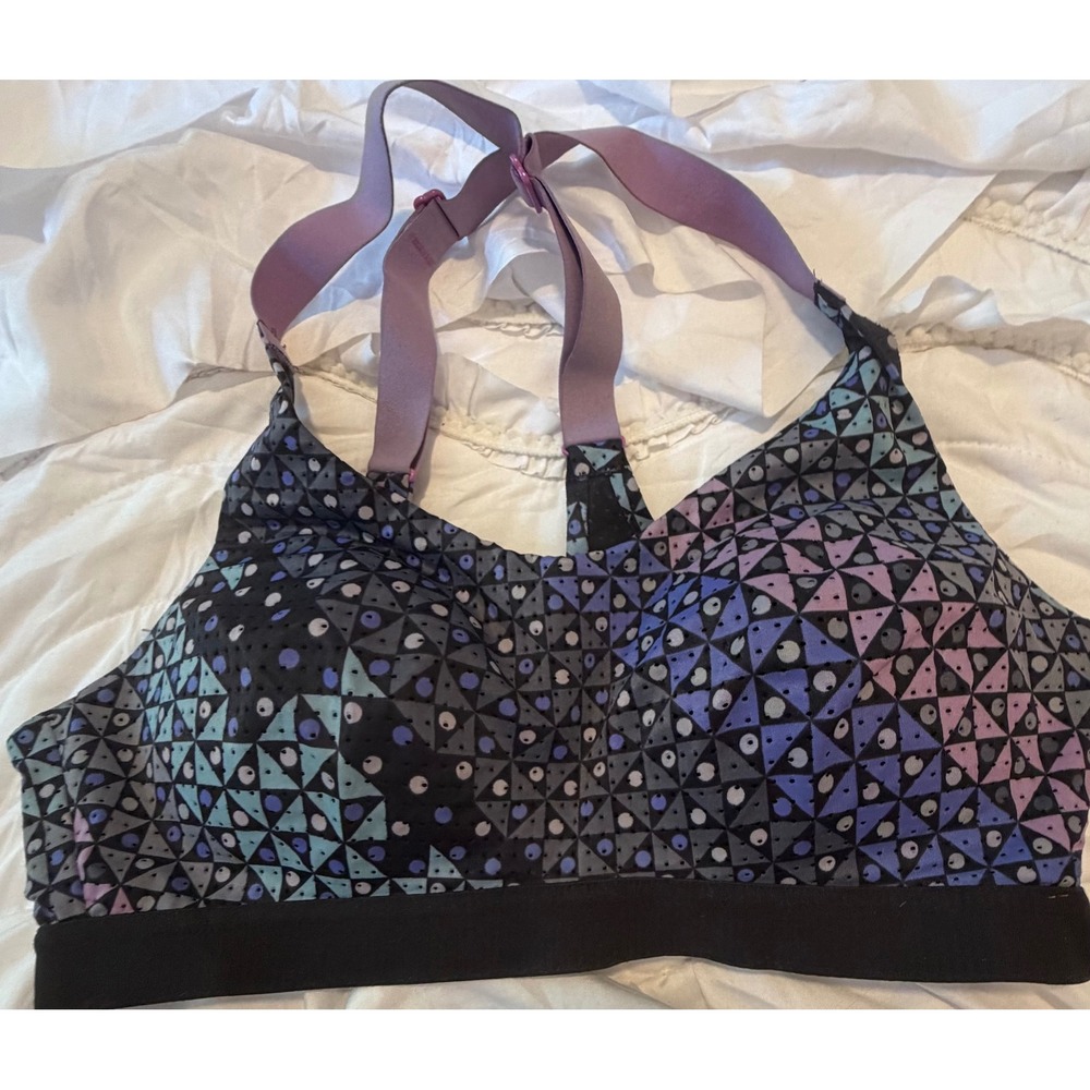 Victorias Secret VSX Sport Bra 34B Purple Geometric Print Racerback Adjustable